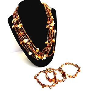 VTG Multi-Strand Amber Gold Rocaille Cascade Necklace, Seashell Nugget Bracelets